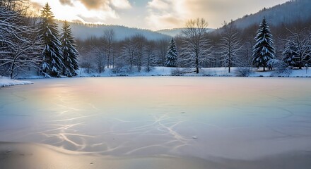 Frozen Lake with Colorful Reflections and Snow- Covered Trees winter