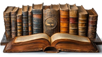Antique books, open book, aged leather bindings