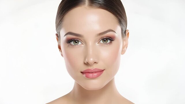 柔らかなハイキー照明が若い白人女性の滑らかな素肌を際立たせた、超リアルなクローズアップ映像。
純白の背景とミニマルなナチュラルメイクが透明感と清潔感を強調し、コスメ広告やスキンケア紹介に最適。