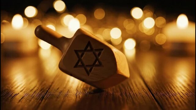 Wooden dreidel on a dark table with warm glowing bokeh lights in the background for Hanukkah celebration concept and Jewish holiday tradition