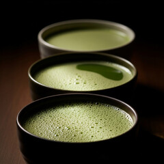 "Three bowls of traditional matcha green tea lined up on a wooden table. Close up detail of foam bubbles and texture with shallow depth of field. Matcha tasting flight concept. Generative AI."