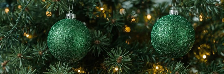 Sparkling green christmas ornaments hanging on tree branches with warm festive lights in the background for holiday decor and celebration