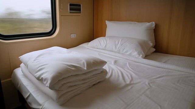 Clean white bedding neatly folded on a train compartment bed with a window view image photo
