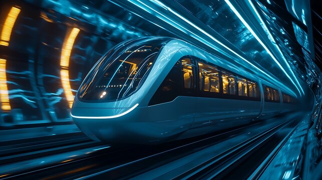 Futuristic High-Speed Train Blurring Through a Vibrant Neon-Lit Tunnel