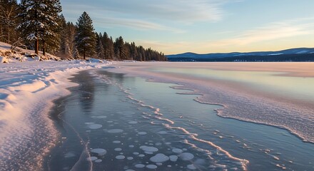 Frozen Lake Shore with Ice Bubbles and Snow Covered Trees winter