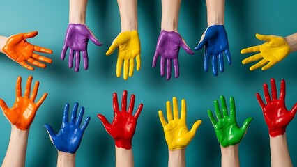 Multicolored painted hands reaching on teal background vibrant creative teamwork concept.