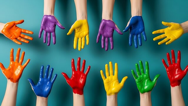 Multicolored painted hands reaching on teal background vibrant creative teamwork concept.