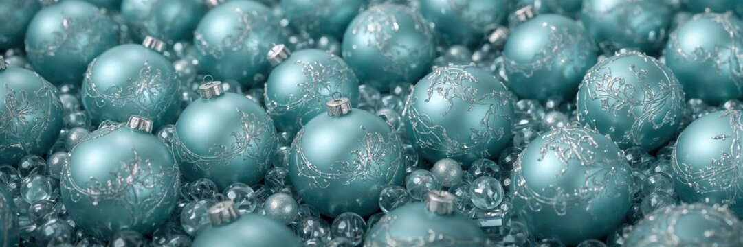 Elegant turquoise christmas ornaments with silver patterns surrounded by glass beads for festive holiday decor