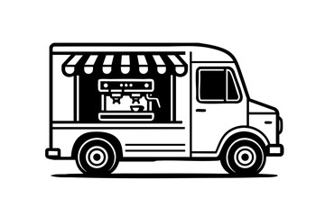 Coffee truck in black and white line art, espresso machine visible