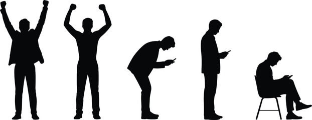 Silhouettes of person transitioning from celebration to phone use, posture shift, gesture variation, digital behavior illustration