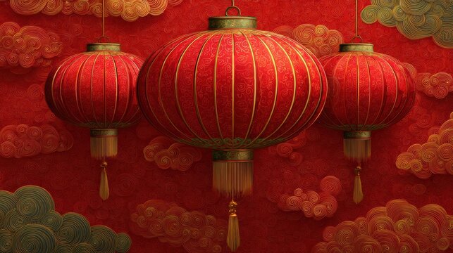 Vibrant Red Lanterns Adorned With Gold Accents Create a Festive Atmosphere With Stylized Clouds in the Background