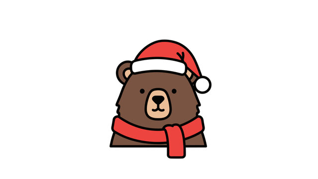 Festive Bear with Santa Hat and Scarf - Cheerful Holiday Icon for Seasonal Designs