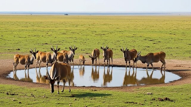 Eland Antelopes Gathering at a Watering Hole in African Savannah Plains at Sunrise