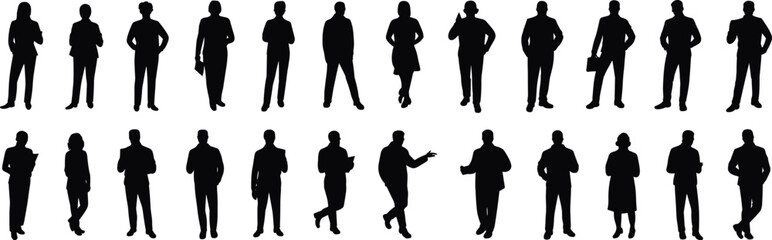 Silhouettes of twenty diverse individuals in casual and professional poses, standing, gesturing, accessories, posture reference, illustration