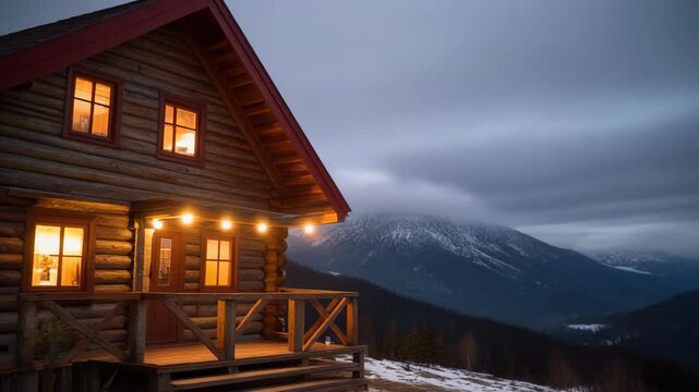 Cozy Log Cabin with Lit Windows and Deck in a Mountainous Landscape at Dusk house home