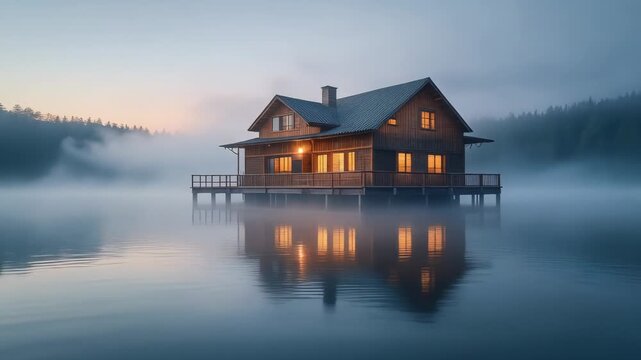 Cozy Wooden Cabin on a Misty Lake at Dusk with Warm Interior Lights (155