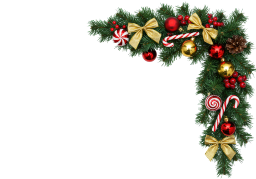 a lush, highly-detailed christmas corner frame of emerald fir branches, glossy red baubles, gold ribbon, and candy canes, isolated on white copy space, conveying luxurious holiday design concept