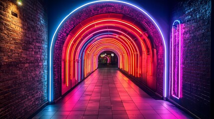 Vibrant neon light tunnel walkway with brick walls and arched ceiling, creating a futuristic urban aesthetic.