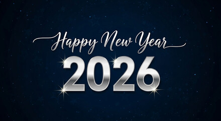 Image of silver 2026 with 'Happy New Year' on a dark blue starry background, representing new beginnings, celebration and holiday season