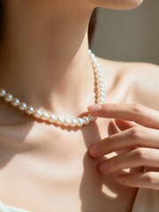 Close-up shot of a woman's collarbone and neck, wearing a classic strand of pearls, gently touched by her manicured finger.