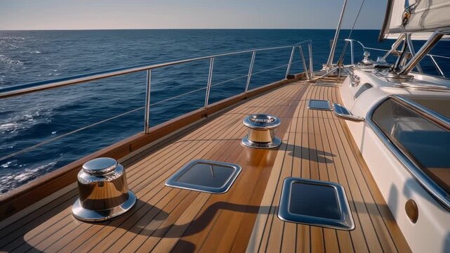Deck of a Luxury Sailboat with Polished Metal Cleats and Hatches on a Wooden Planked Surface Keywords: sailboat, yacht, deck, wooden