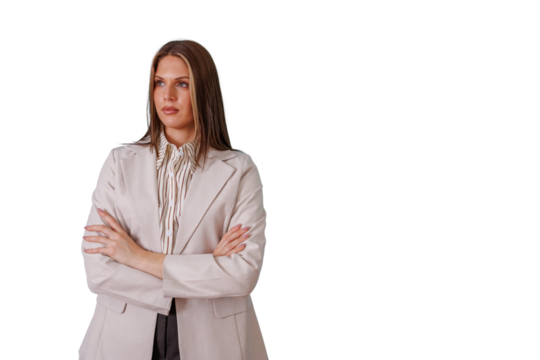 Confident businesswoman with crossed arms looking away, depicting leadership, professionalism, and determination on transparent background