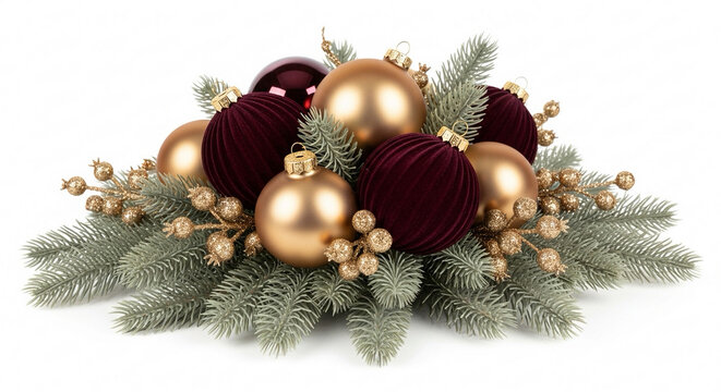 A luxurious Christmas centerpiece of velvet burgundy and matte gold ornaments, accented by glittery gold berries and frosty pine branches.