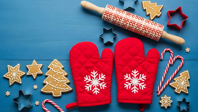 Christmas baking flat lay with gingerbread cookies, oven mitts, and rolling pin on blue.