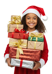 Joyful mixed-race girl in a red velvet santa hat confidently embracing a large stack of glossy christmas gifts against a transparent backdrop. Concept of holiday excitement and giving