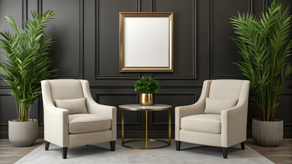 Elegant living room interior with two beige chairs green plants and blank frame
