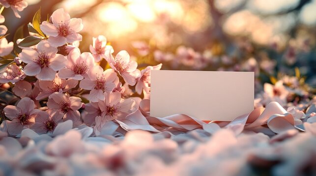 Blank card nestled among blossoming pink flowers - Powered by Adobe