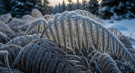 Close-up of frost-covered fern leaves in a winter forest image photo