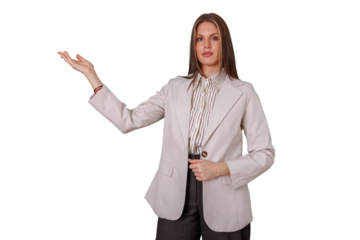 Businesswoman presenting with open hand gesture, explaining, showing or introducing information, transparent background