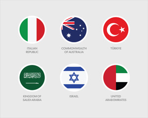 Obraz premium Flags of Italy, Australia, Türkiye, Saudi Arabia, Israel, UAE – Circular Icons Set