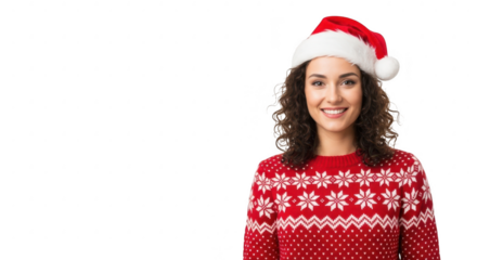 Smiling woman wearing a christmas sweater and santa hat, isolated on transparent background
