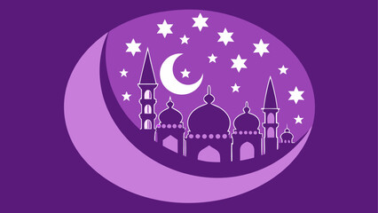 Crescent moon with mosque and stars in purple tone