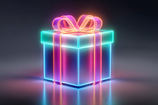 Neon gift box with a glowing bow. Illustration for cyber Monday. Online shopping concept. llustration for a hardware store.