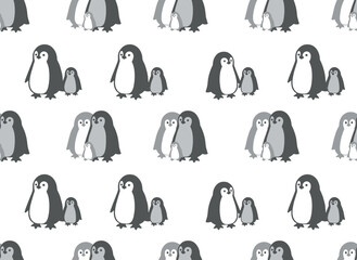 A monochrome seamless pattern featuring a charming pair of mother and baby penguins embracing against a white backdrop, rendered as a playful flat cartoon of Arctic birds, suitable for vector