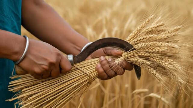 Harvesting wheat by hand with sickle on sunny day in golden field