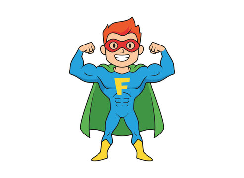 Superboy or superchild: a charming boy in a mask, bodysuit, and cape strikes a powerful pose, embodying a brave, strong kid hero or secret agent with superpowers, rendered as a flat cartoon vector