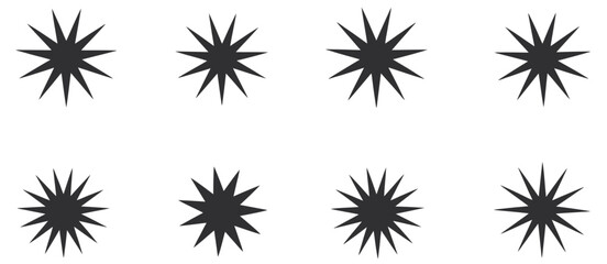 Black starburst explosion shapes in bold vector style featuring dynamic burst silhouettes, energetic graphic elements, and impactful design accents ideal for comic effects, abstract visuals, and moder