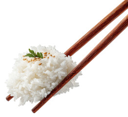 cooked white rice held with chopsticks isolated on transparent background