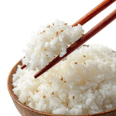 cooked white rice held with chopsticks in a bowl isolated on transparent background