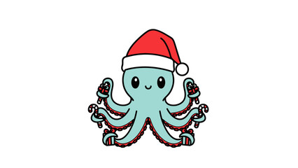 Festive Octopus A Cheerful Holiday Icon Featuring a Santa Hat and Candy Canes