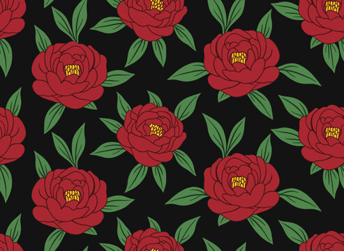 A seamless floral design featuring vinous peonies and green foliage against a dark backdrop, hand‑drawn in an antique style, suitable for fabric and wallpaper botanical prints