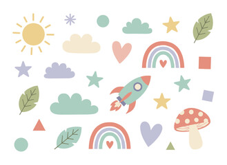 A set of Scandinavian design elements featuring an abstract nursery bundle, with cute doodle‑style Scandi decorations of rainbow, sun, cloud, star, and hearts, presented as a flat vector illustration