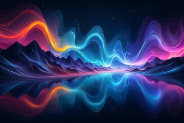 Abstract Colorful Landscape with Glowing Waves and Reflections