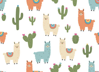 Naklejka premium A hand‑drawn doodle pattern featuring alpacas, llamas, and cacti, designed to be seamless