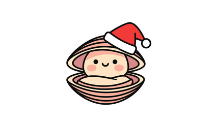 Cute Kawaii Clam Wearing Santa Hat in Shell - Holiday Season Cartoon Illustration