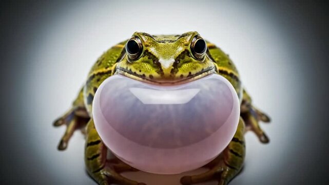 Captivating sequence of a vibrant green frog expanding its vocal sac for mating ritual